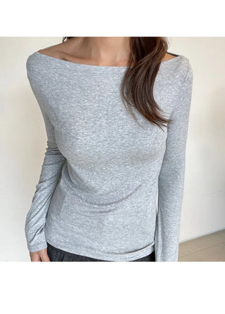 Boat Neck Lip Neck Daily Stretchy Long Sleeve T-shirt