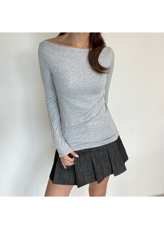 Boat Neck Lip Neck Daily Stretchy Long Sleeve T-shirt