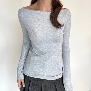 Boat Neck Lip Neck Daily Stretchy Long Sleeve T-shirt