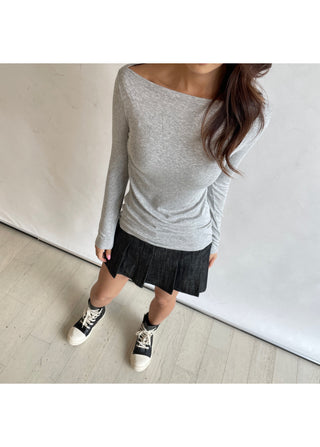 Boat Neck Lip Neck Daily Stretchy Long Sleeve T-shirt