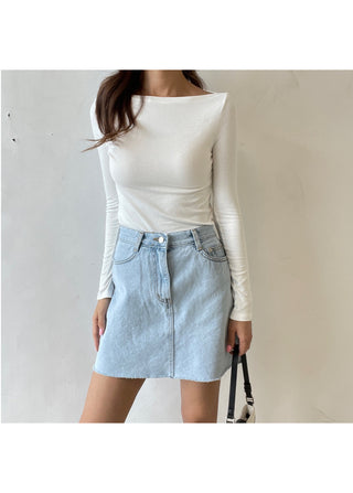 Boat Neck Lip Neck Daily Stretchy Long Sleeve T-shirt