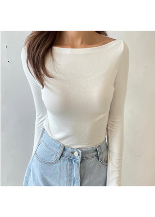 Boat Neck Lip Neck Daily Stretchy Long Sleeve T-shirt