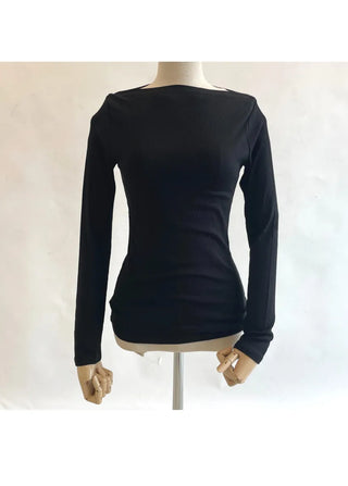 Boat Neck Lip Neck Daily Stretchy Long Sleeve T-shirt
