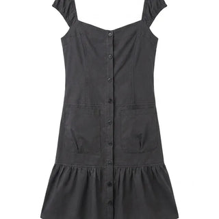 Scrunchie Shirred Big Pocket Off-shoulder Two-way Long Flare Button Cap Sleeve Summer Layered Midi Dress