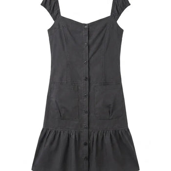 Scrunchie Shirred Big Pocket Off-shoulder Two-way Long Flare Button Cap Sleeve Summer Layered Midi Dress