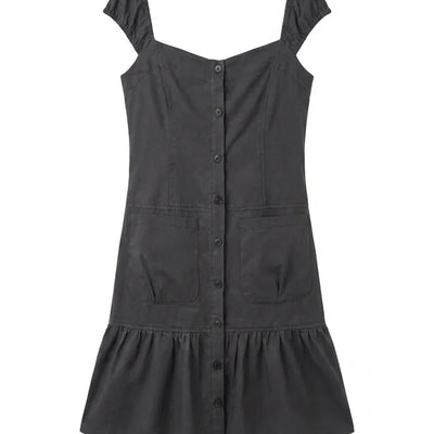 Scrunchie Shirred Big Pocket Off-shoulder Two-way Long Flare Button Cap Sleeve Summer Layered Midi Dress