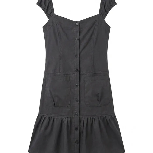 Scrunchie Shirred Big Pocket Off-shoulder Two-way Long Flare Button Cap Sleeve Summer Layered Midi Dress