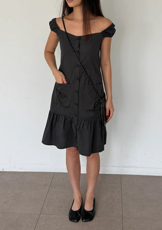 Scrunchie Shirred Big Pocket Off-shoulder Two-way Long Flare Button Cap Sleeve Summer Layered Midi Dress