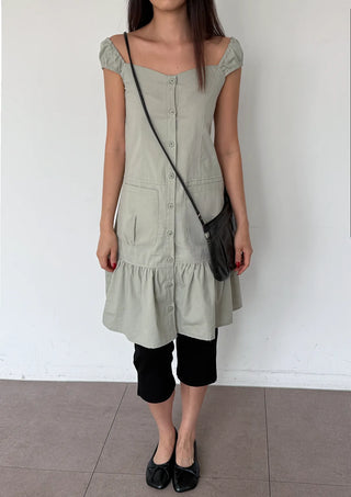 Scrunchie Shirred Big Pocket Off-shoulder Two-way Long Flare Button Cap Sleeve Summer Layered Midi Dress