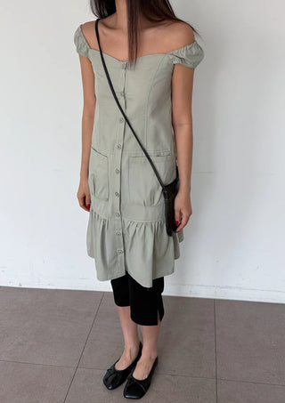 Scrunchie Shirred Big Pocket Off-shoulder Two-way Long Flare Button Cap Sleeve Summer Layered Midi Dress
