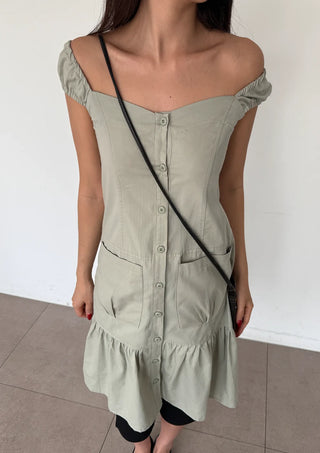 Scrunchie Shirred Big Pocket Off-shoulder Two-way Long Flare Button Cap Sleeve Summer Layered Midi Dress