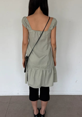 Scrunchie Shirred Big Pocket Off-shoulder Two-way Long Flare Button Cap Sleeve Summer Layered Midi Dress