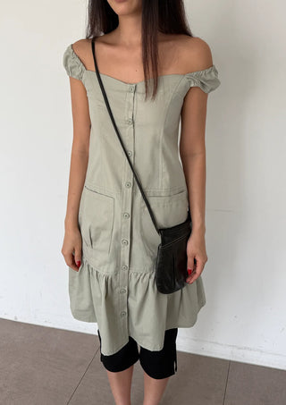 Scrunchie Shirred Big Pocket Off-shoulder Two-way Long Flare Button Cap Sleeve Summer Layered Midi Dress