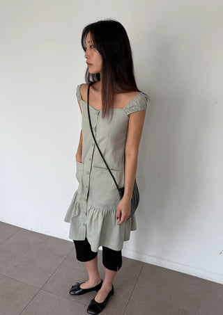 Scrunchie Shirred Big Pocket Off-shoulder Two-way Long Flare Button Cap Sleeve Summer Layered Midi Dress