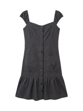 Scrunchie Shirred Big Pocket Off-shoulder Two-way Long Flare Button Cap Sleeve Summer Layered Midi Dress