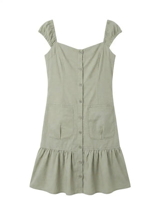 Scrunchie Shirred Big Pocket Off-shoulder Two-way Long Flare Button Cap Sleeve Summer Layered Midi Dress