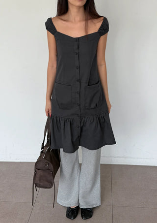 Scrunchie Shirred Big Pocket Off-shoulder Two-way Long Flare Button Cap Sleeve Summer Layered Midi Dress