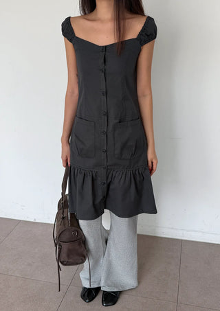 Scrunchie Shirred Big Pocket Off-shoulder Two-way Long Flare Button Cap Sleeve Summer Layered Midi Dress