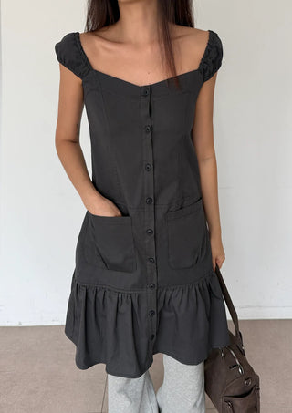 Scrunchie Shirred Big Pocket Off-shoulder Two-way Long Flare Button Cap Sleeve Summer Layered Midi Dress