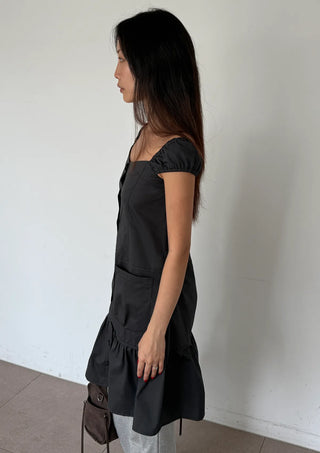 Scrunchie Shirred Big Pocket Off-shoulder Two-way Long Flare Button Cap Sleeve Summer Layered Midi Dress