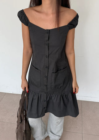 Scrunchie Shirred Big Pocket Off-shoulder Two-way Long Flare Button Cap Sleeve Summer Layered Midi Dress
