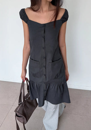 Scrunchie Shirred Big Pocket Off-shoulder Two-way Long Flare Button Cap Sleeve Summer Layered Midi Dress