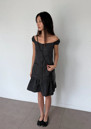 Scrunchie Shirred Big Pocket Off-shoulder Two-way Long Flare Button Cap Sleeve Summer Layered Midi Dress
