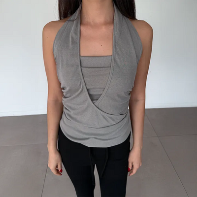 Solar Elastic Waistband Wrap Layered Halter Neck Sleeveless Shirred Summer Sleeveless Top