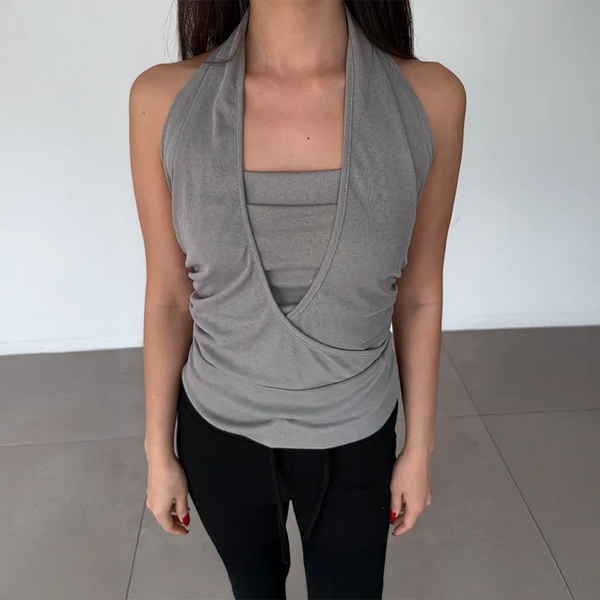 Solar Elastic Waistband Wrap Layered Halter Neck Sleeveless Shirred Summer Sleeveless Top