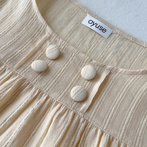 Cherry Shirred Lace Punching Long Oversized Puff Sleeve Summer Short Sleeve Button Blouse