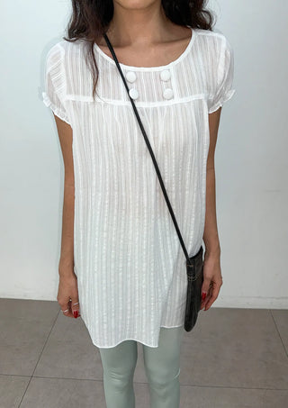 Cherry Shirred Lace Punching Long Oversized Puff Sleeve Summer Short Sleeve Button Blouse