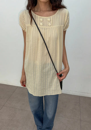 Cherry Shirred Lace Punching Long Oversized Puff Sleeve Summer Short Sleeve Button Blouse