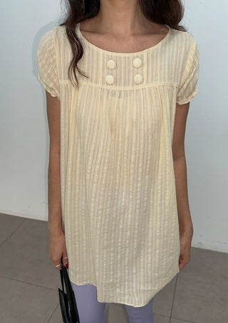 Cherry Shirred Lace Punching Long Oversized Puff Sleeve Summer Short Sleeve Button Blouse