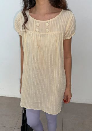 Cherry Shirred Lace Punching Long Oversized Puff Sleeve Summer Short Sleeve Button Blouse