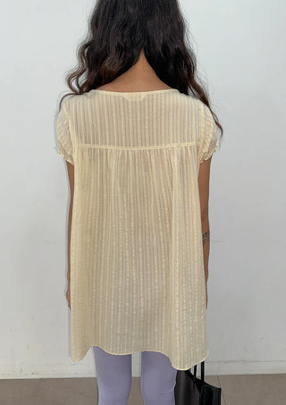 Cherry Shirred Lace Punching Long Oversized Puff Sleeve Summer Short Sleeve Button Blouse