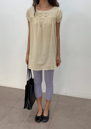 Cherry Shirred Lace Punching Long Oversized Puff Sleeve Summer Short Sleeve Button Blouse