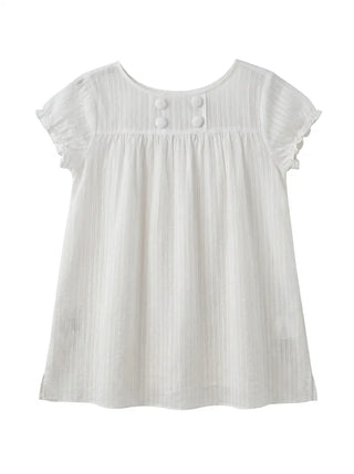 Cherry Shirred Lace Punching Long Oversized Puff Sleeve Summer Short Sleeve Button Blouse