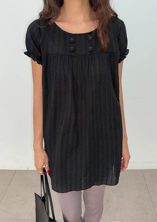 Cherry Shirred Lace Punching Long Oversized Puff Sleeve Summer Short Sleeve Button Blouse