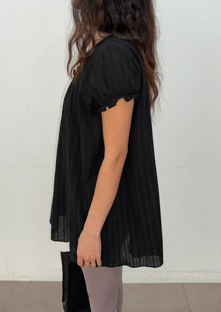 Cherry Shirred Lace Punching Long Oversized Puff Sleeve Summer Short Sleeve Button Blouse