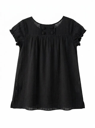 Cherry Shirred Lace Punching Long Oversized Puff Sleeve Summer Short Sleeve Button Blouse