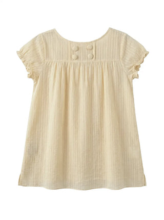 Cherry Shirred Lace Punching Long Oversized Puff Sleeve Summer Short Sleeve Button Blouse