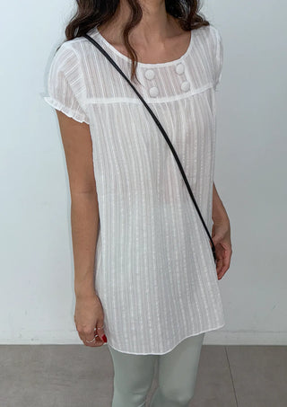 Cherry Shirred Lace Punching Long Oversized Puff Sleeve Summer Short Sleeve Button Blouse