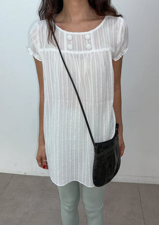 Cherry Shirred Lace Punching Long Oversized Puff Sleeve Summer Short Sleeve Button Blouse