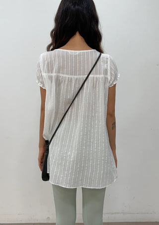 Cherry Shirred Lace Punching Long Oversized Puff Sleeve Summer Short Sleeve Button Blouse