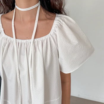 Berry Scarf Belt Square Neck Shirred Balloon Maternity Suitable Oversized Petite Layering  Summer Puff Sleeve Wedding Guest Short Sleeve Dress