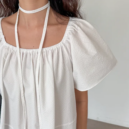Berry Scarf Belt Square Neck Shirred Balloon Maternity Suitable Oversized Petite Layering  Summer Puff Sleeve Wedding Guest Short Sleeve Dress