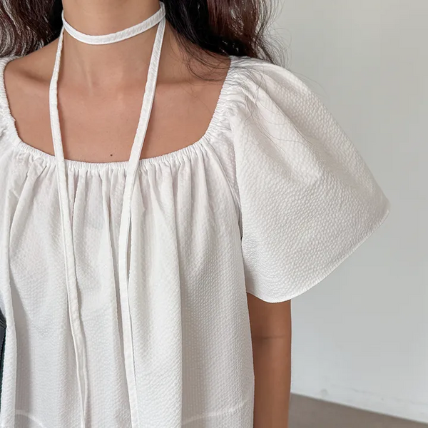 Berry Scarf Belt Square Neck Shirred Balloon Maternity Suitable Oversized Petite Layering  Summer Puff Sleeve Wedding Guest Short Sleeve Dress