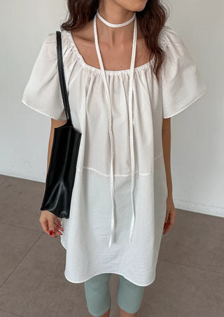 Berry Scarf Belt Square Neck Shirred Balloon Maternity Suitable Oversized Petite Layering  Summer Puff Sleeve Wedding Guest Short Sleeve Dress
