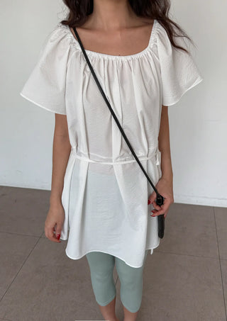 Berry Scarf Belt Square Neck Shirred Balloon Maternity Suitable Oversized Petite Layering  Summer Puff Sleeve Wedding Guest Short Sleeve Dress