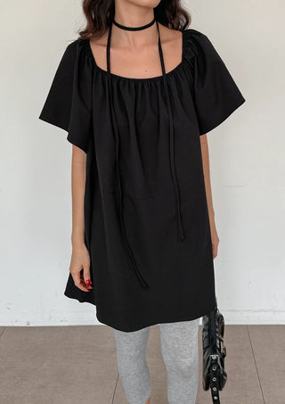 Berry Scarf Belt Square Neck Shirred Balloon Maternity Suitable Oversized Petite Layering  Summer Puff Sleeve Wedding Guest Short Sleeve Dress